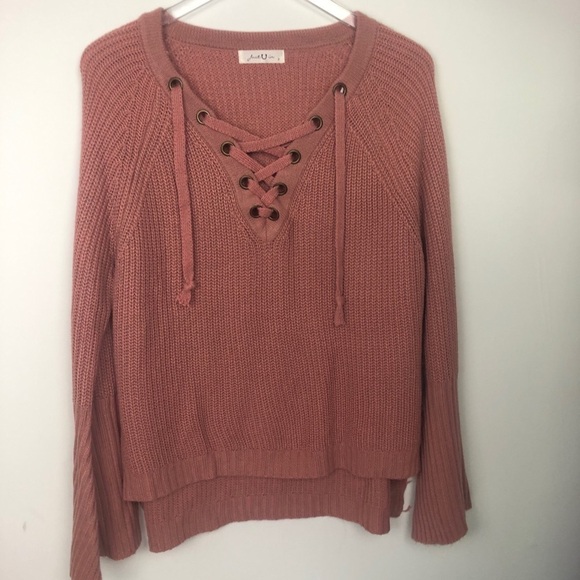 Just U in Women’s dark pink‎ knit sweater lace up S - Picture 1 of 8